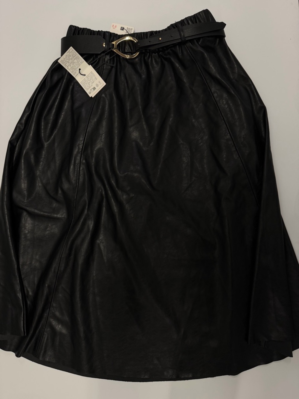 Zara Black Faux Leather Skirt with Gold Buckle Belt